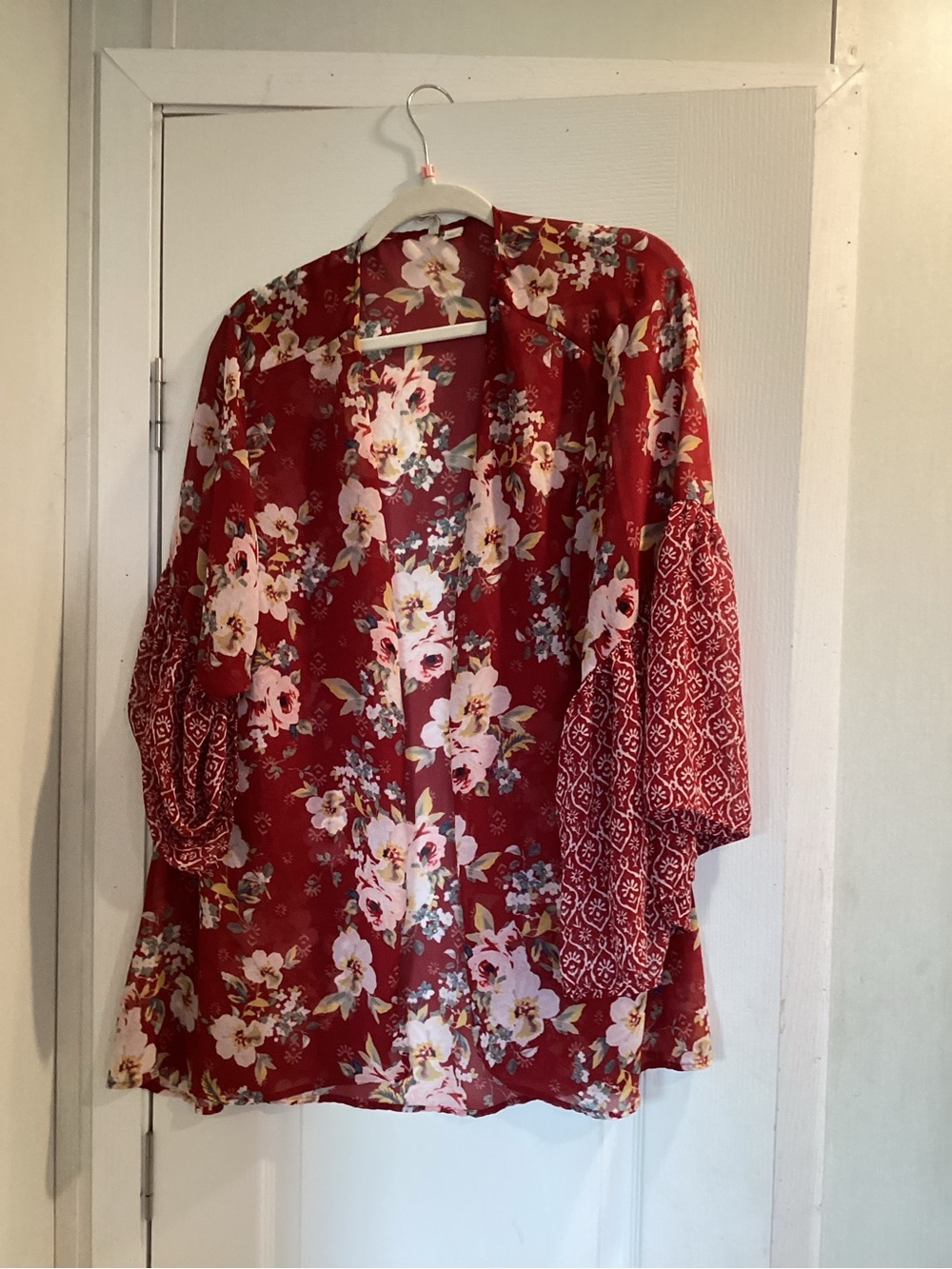 Cato Red Floral Open-Front Kimono Cardigan 14/16W EUC